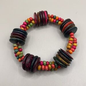 Vintage Tribal Wooden Multicolor Beaded Bangle Cuff Statement Bracelet